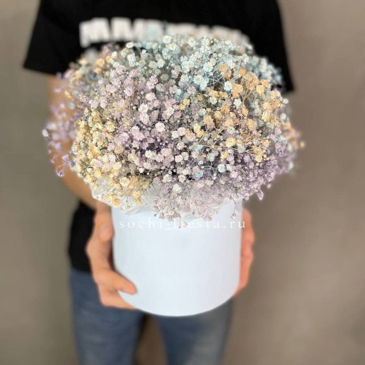 9 Радужных гипсофил в шляпной коробке в Ангарске