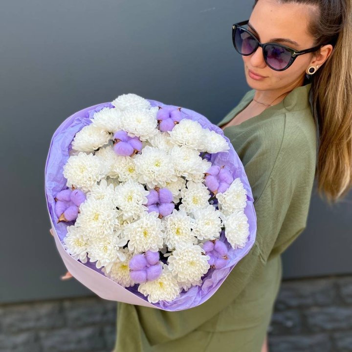  Букет  хризантем и хлопка в Ангарске